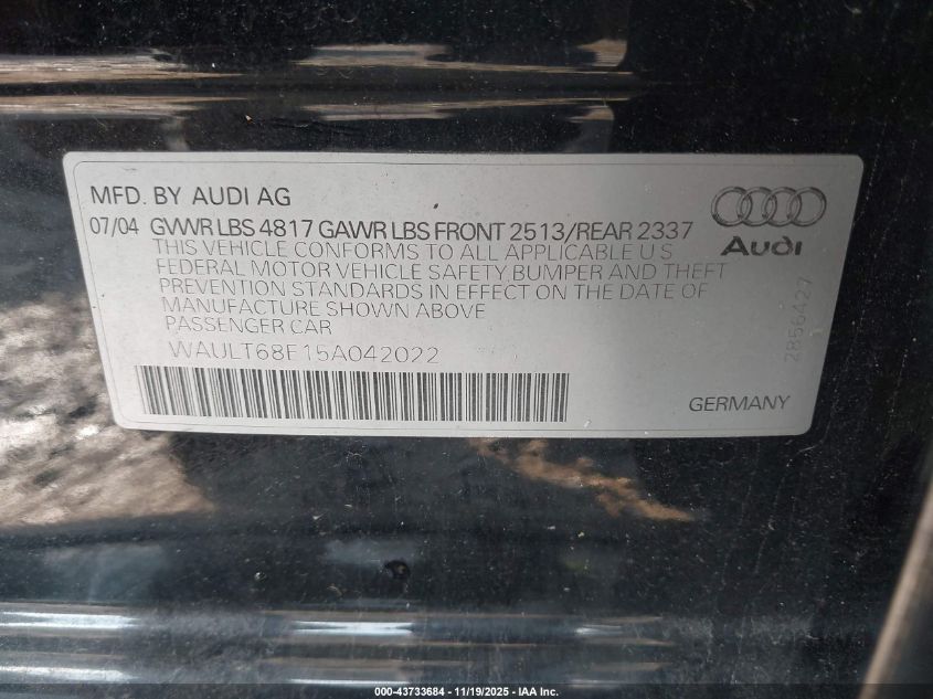 2005 Audi A4 3.0 VIN: WAULT68E15A042022 Lot: 43733684