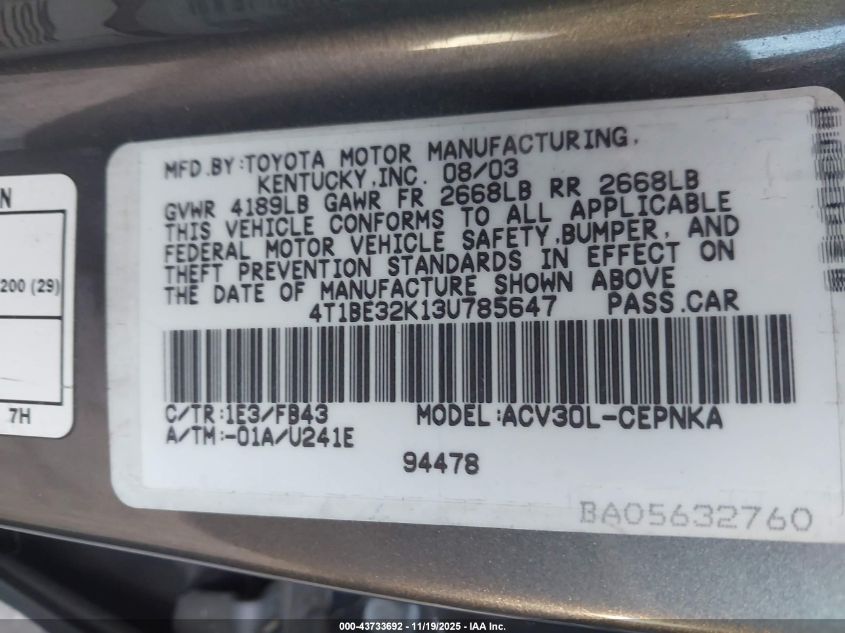 2003 Toyota Camry Le VIN: 4T1BE32K13U785647 Lot: 43733692