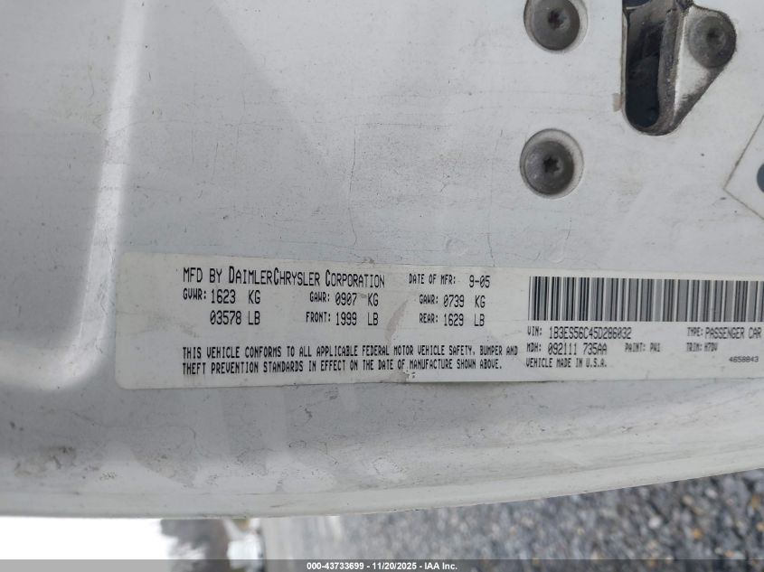 2005 Dodge Neon Sxt VIN: 1B3ES56C45D286032 Lot: 43733699