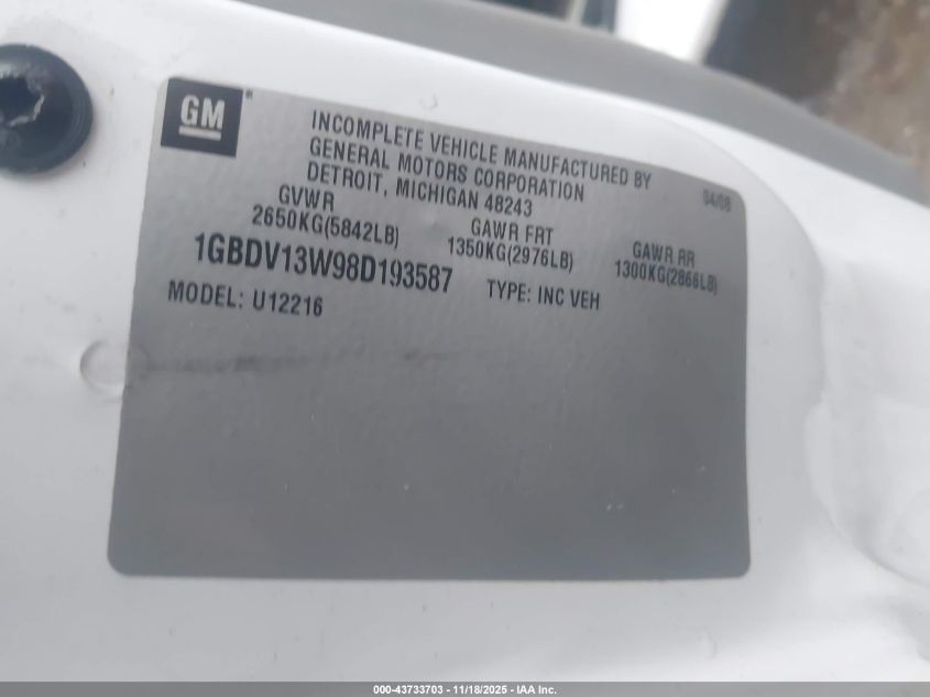 2008 Chevrolet Uplander Cargo VIN: 1GBDV13W98D193587 Lot: 43733703