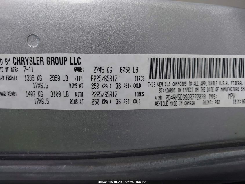 2011 Dodge Grand Caravan Crew VIN: 2D4RN5DG9BR772070 Lot: 43733710