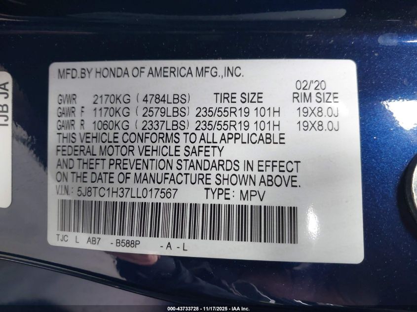2020 Acura Rdx Standard VIN: 5J8TC1H37LL017567 Lot: 43733728