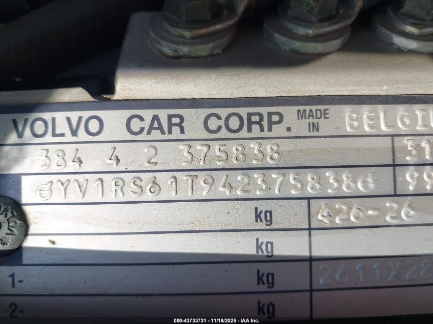 2004 Volvo S60 2.4 VIN: YV1RS61T942375838 Lot: 43733731