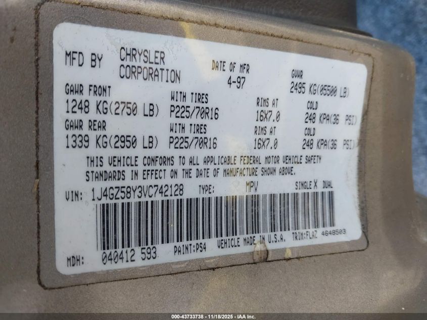1997 Jeep Grand Cherokee Laredo/Tsi VIN: 1J4GZ58Y3VC742128 Lot: 43733738