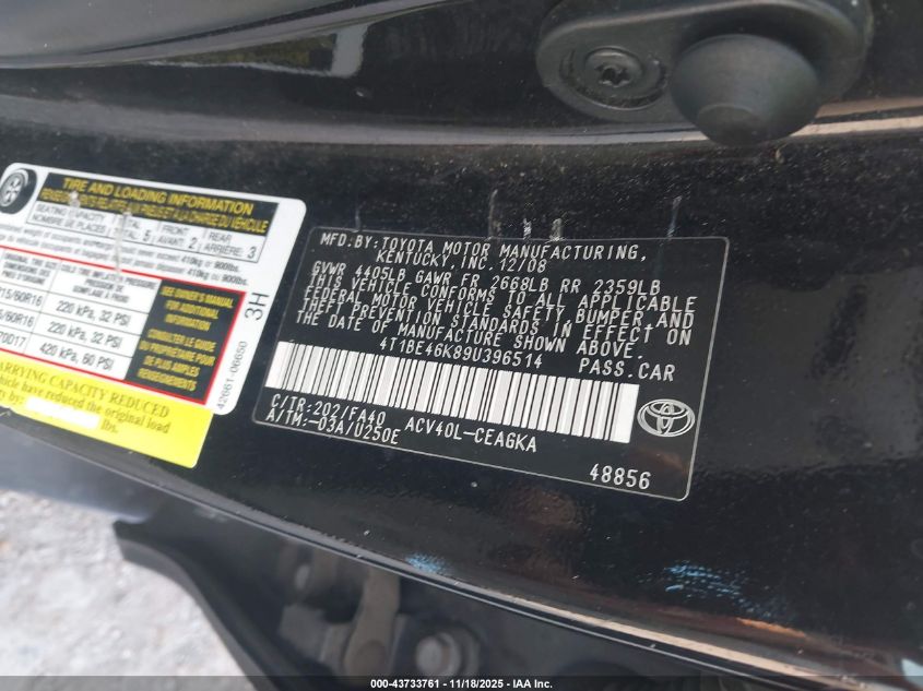 2009 Toyota Camry Xle VIN: 4T1BE46K89U396514 Lot: 43733761