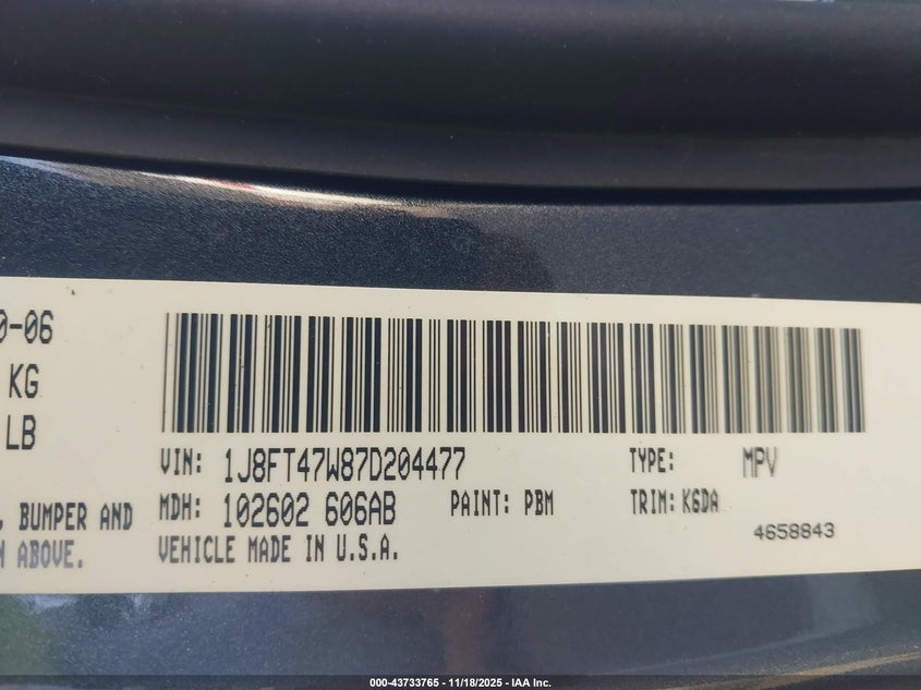 2007 Jeep Compass Sport VIN: 1J8FT47W87D204477 Lot: 43733765