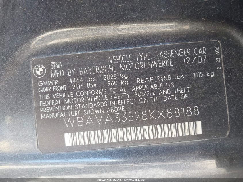 2008 BMW 328I VIN: WBAVA33528KX88188 Lot: 43733775