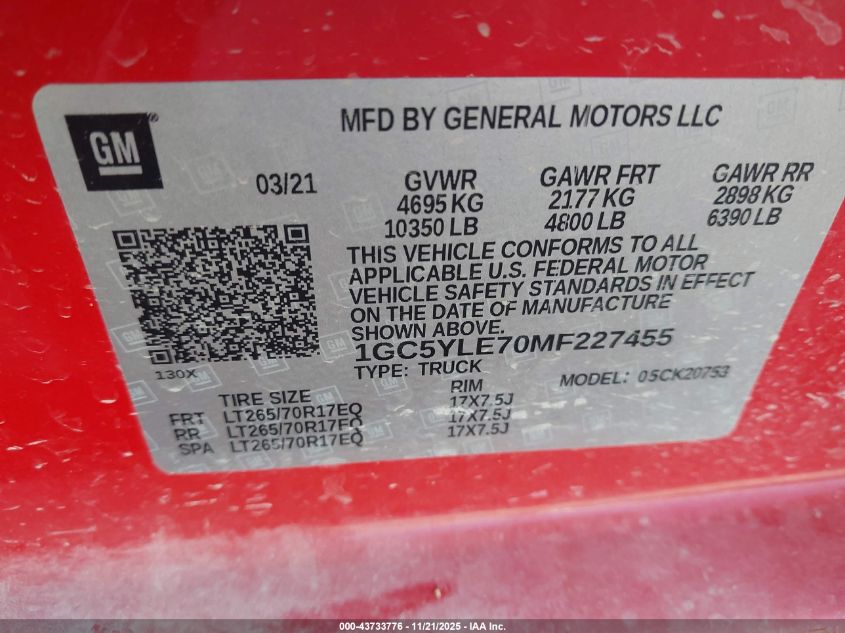 2021 Chevrolet Silverado 2500Hd 4Wd Standard Bed Wt VIN: 1GC5YLE70MF227455 Lot: 43733776