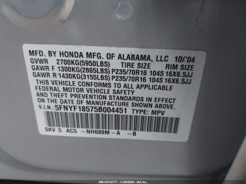 2005 Honda Pilot Ex-L VIN: 5FNYF18575B004451 Lot: 43733777