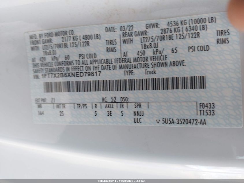 2022 Ford Super Duty F-250 Srw Xlt VIN: 1FT7X2B6XNED79817 Lot: 43733814