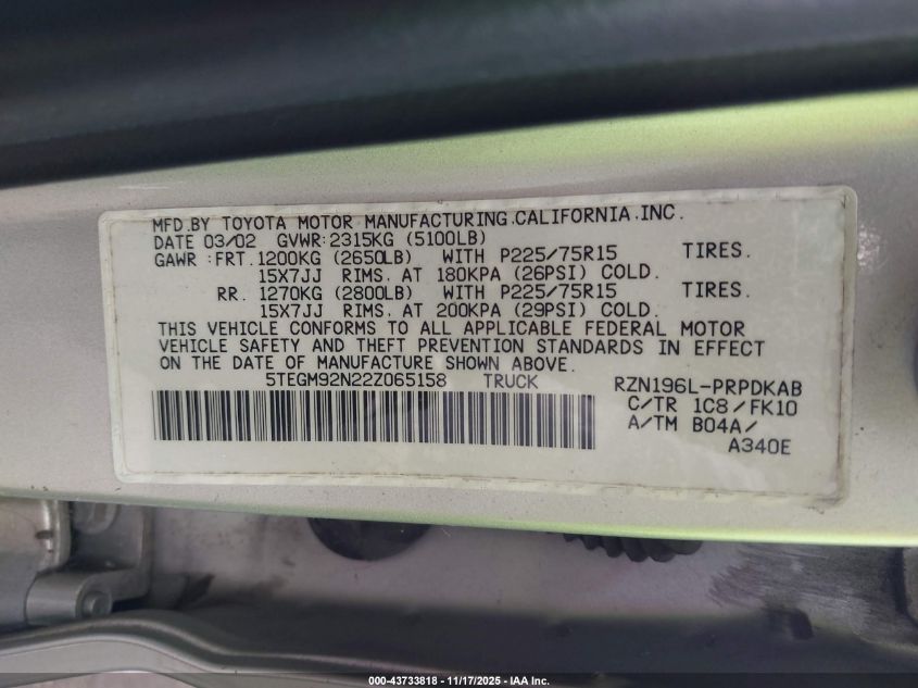 2002 Toyota Tacoma Prerunner VIN: 5TEGM92N22Z065158 Lot: 43733818