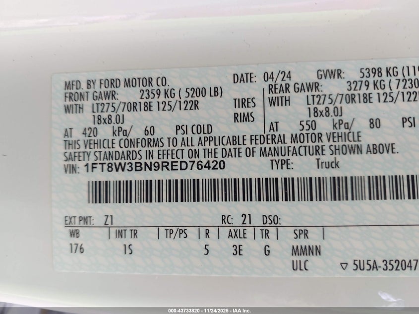 2024 Ford F-350 Xl VIN: 1FT8W3BN9RED76420 Lot: 43733820