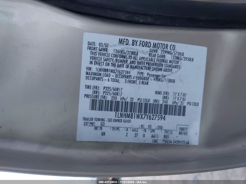 2007 Lincoln Town Car Signature VIN: 1LNHM81WX7Y627594 Lot: 43733832