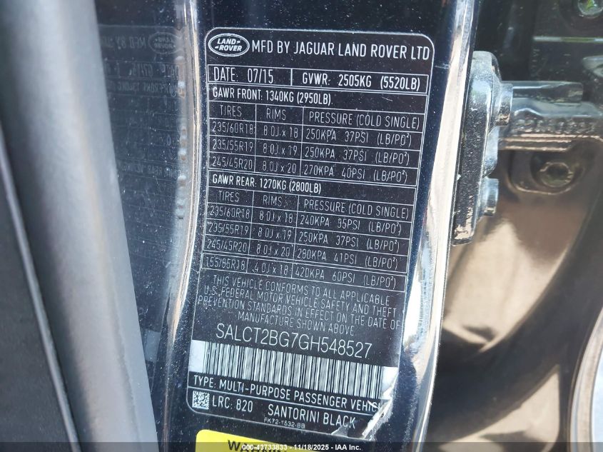 2016 Land Rover Discovery Sport Hse Lux VIN: SALCT2BG7GH548527 Lot: 43733833