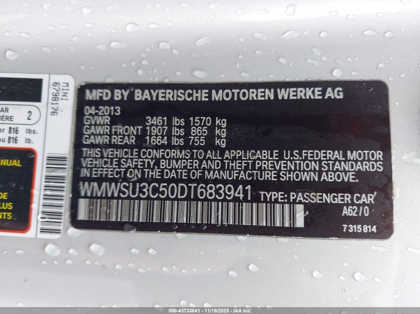 2013 Mini Hardtop Cooper VIN: WMWSU3C50DT683941 Lot: 43733841