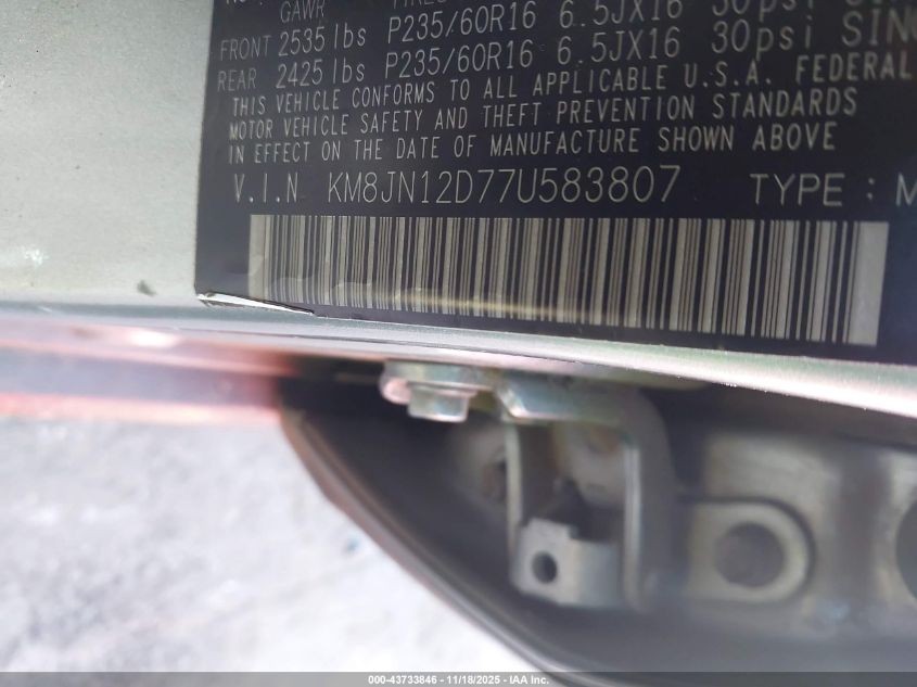 2007 Hyundai Tucson Limited/Se VIN: KM8JN12D77U583807 Lot: 43733846