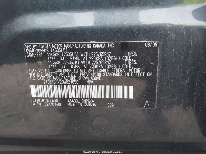 2009 Toyota Rav4 Limited VIN: 2T3BF31V29W021850 Lot: 43733871