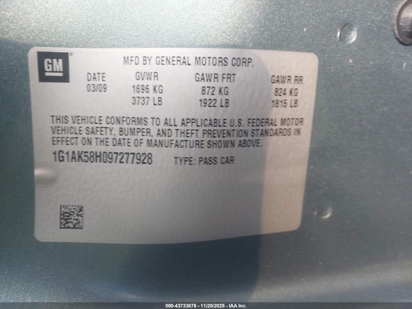 2009 Chevrolet Cobalt Ls VIN: 1G1AK58H097277928 Lot: 43733876