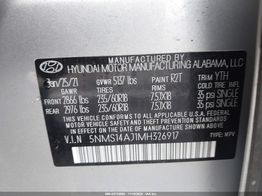 2021 Hyundai Santa Fe Se VIN: 5NMS14AJ1MH326917 Lot: 43733880