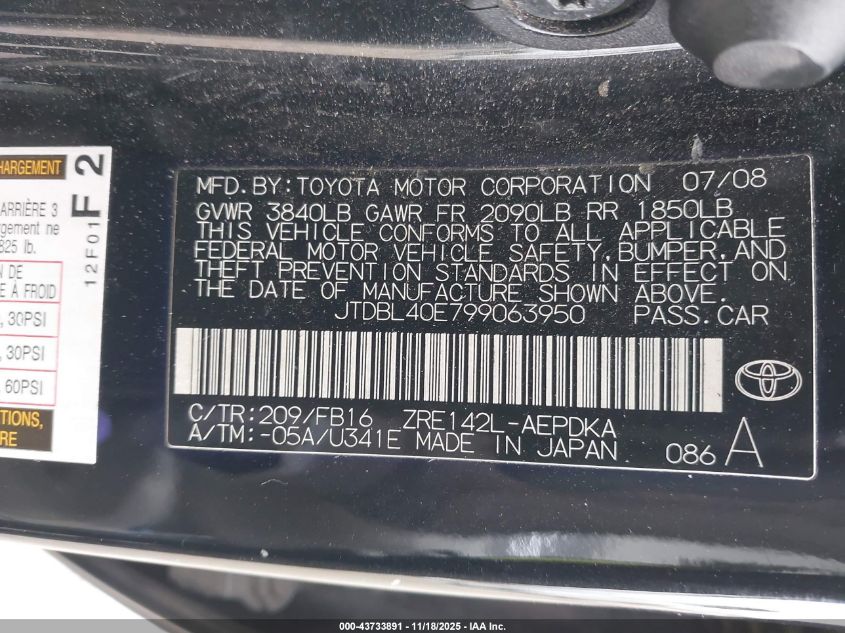 2009 Toyota Corolla Le VIN: JTDBL40E799063950 Lot: 43733891