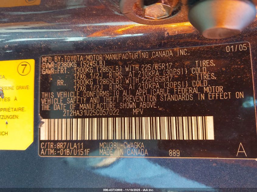 2005 Lexus Rx 330 VIN: 2T2HA31U25C057022 Lot: 43733908