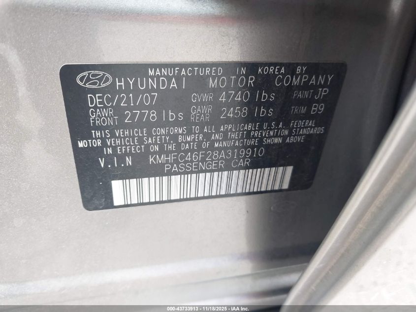 2008 Hyundai Azera Limited VIN: KMHFC46F28A319910 Lot: 43733913