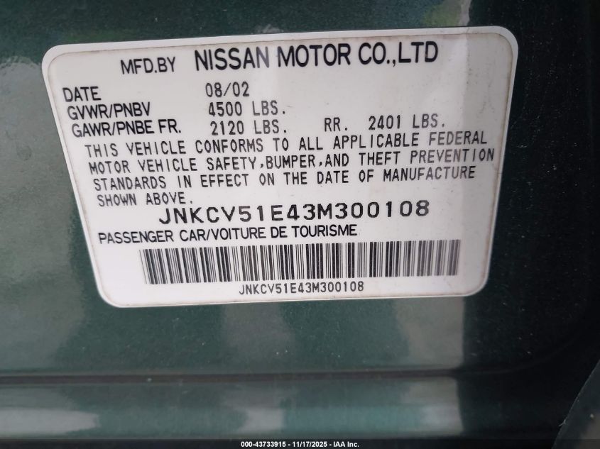 2003 Infiniti G35 Luxury Leather VIN: JNKCV51E43M300108 Lot: 43733915