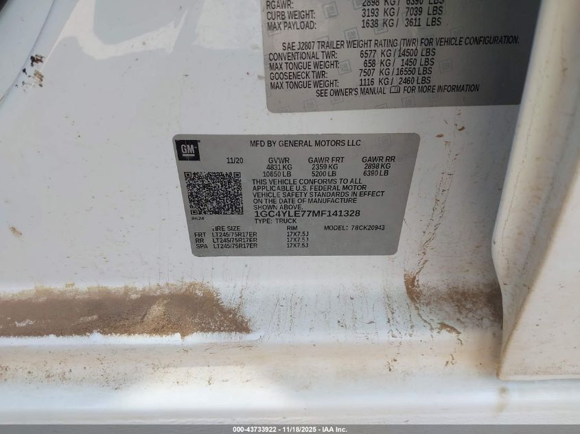 2021 Chevrolet Silverado 2500Hd 4Wd Long Bed Wt VIN: 1GC4YLE77MF141328 Lot: 43733922