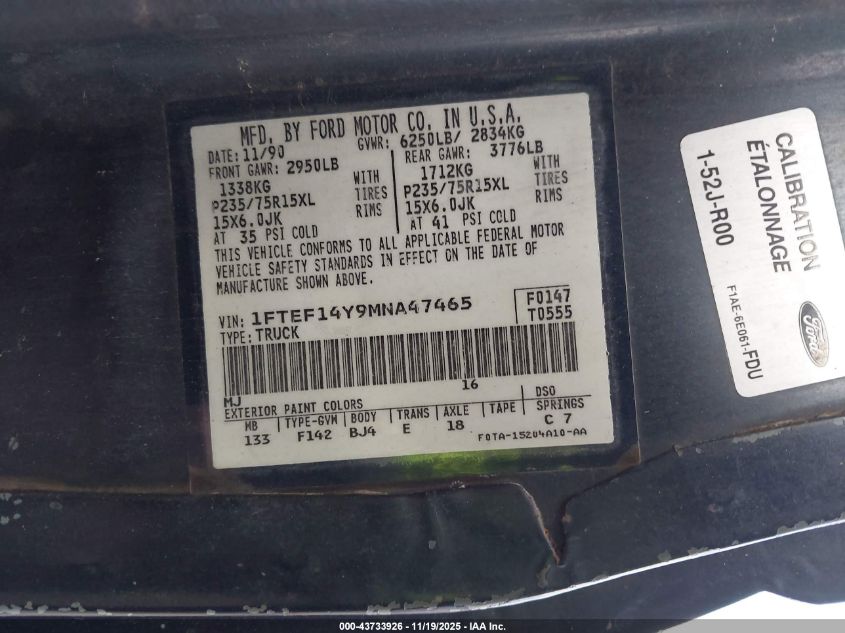 1FTEF14Y9MNA47465 1991 FORD F-150 photo no. 9