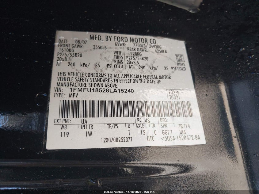 2008 Ford Expedition Eddie Bauer/King Ranch VIN: 1FMFU18528LA15240 Lot: 43733936