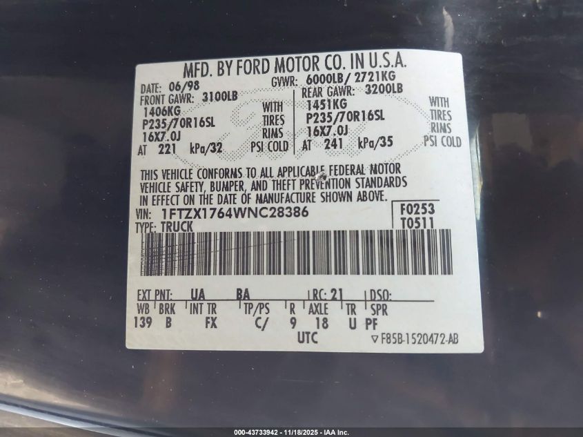 1998 Ford F-150 Lariat/Standard/Xl/Xlt VIN: 1FTZX1764WNC28386 Lot: 43733942