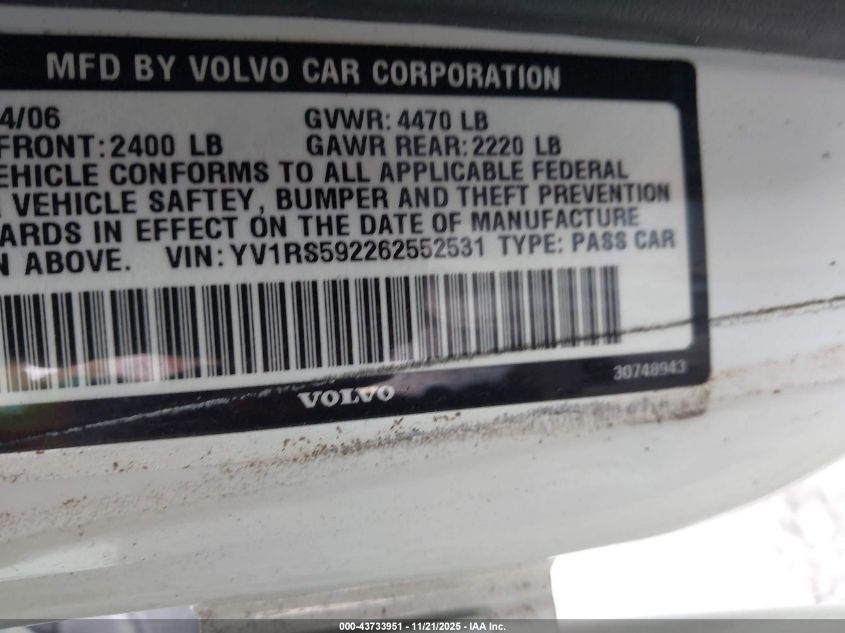 2006 Volvo S60 VIN: YV1R2592262552531 Lot: 43733951