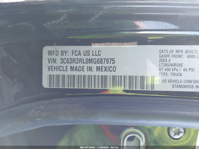 2021 Ram 3500 Limited 4X4 8' Box VIN: 3C63R3RL0MG687975 Lot: 43733954
