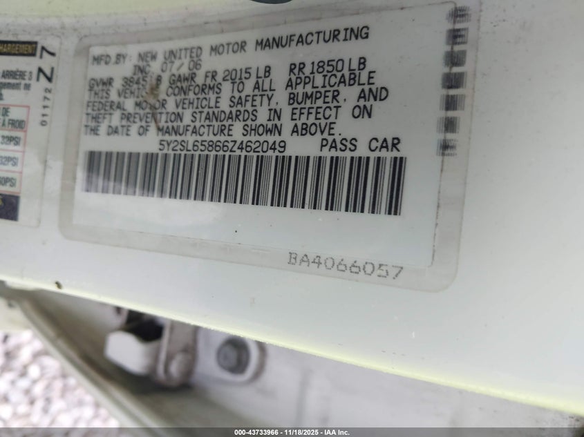 2006 Pontiac Vibe VIN: 5Y2SL65866Z462049 Lot: 43733966