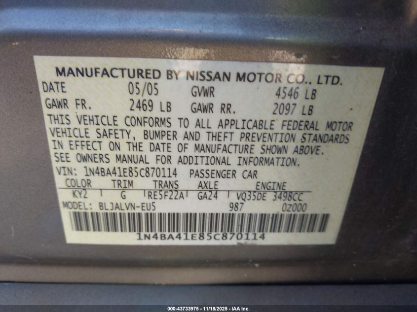 2005 Nissan Maxima 3.5 Sl VIN: 1N4BA41E85C870114 Lot: 43733975