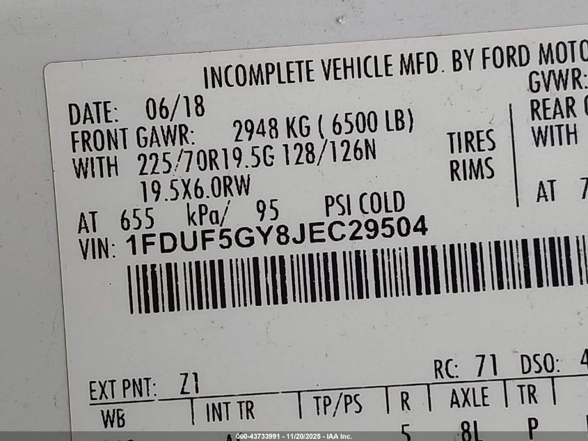 2018 Ford F-550 Chassis Xl VIN: 1FDUF5GY8JEC29504 Lot: 43733991