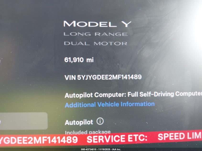 2021 Tesla Model Y Long Range Dual Motor All-Wheel Drive VIN: 5YJYGDEE2MF141489 Lot: 43734015
