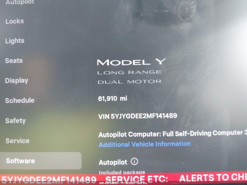 2021 Tesla Model Y Long Range Dual Motor All-Wheel Drive VIN: 5YJYGDEE2MF141489 Lot: 43734015