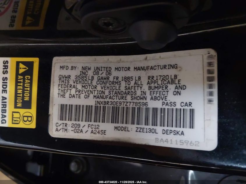 2007 Toyota Corolla S VIN: 1NXBR30E97Z778596 Lot: 43734020