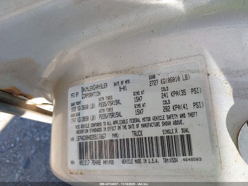 2002 Dodge Dakota Sport VIN: 1B7HG38N82S517067 Lot: 43734037