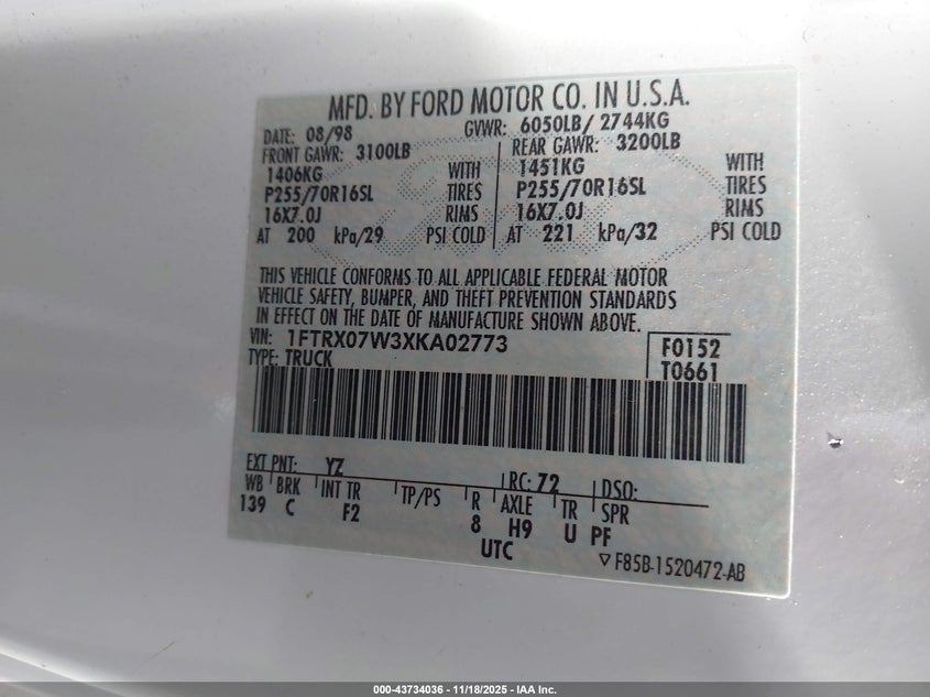 1999 Ford F-150 Lariat/Work Series/Xl/Xlt VIN: 1FTRX07W3XKA02773 Lot: 43734036