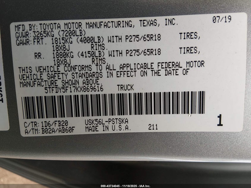 5TFDY5F17KX869616 2019 TOYOTA TUNDRA photo no. 9