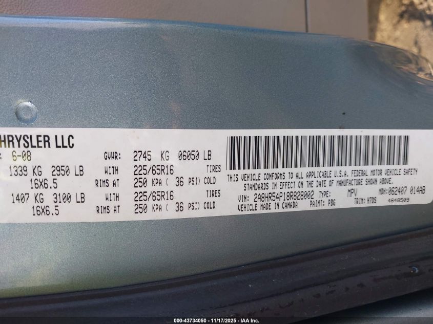 2008 Chrysler Town & Country Touring VIN: 2A8HR54P18R828002 Lot: 43734050