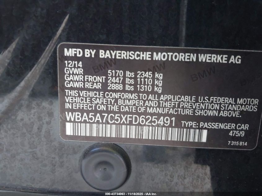 2015 BMW 528I xDrive VIN: WBA5A7C5XFD625491 Lot: 43734063