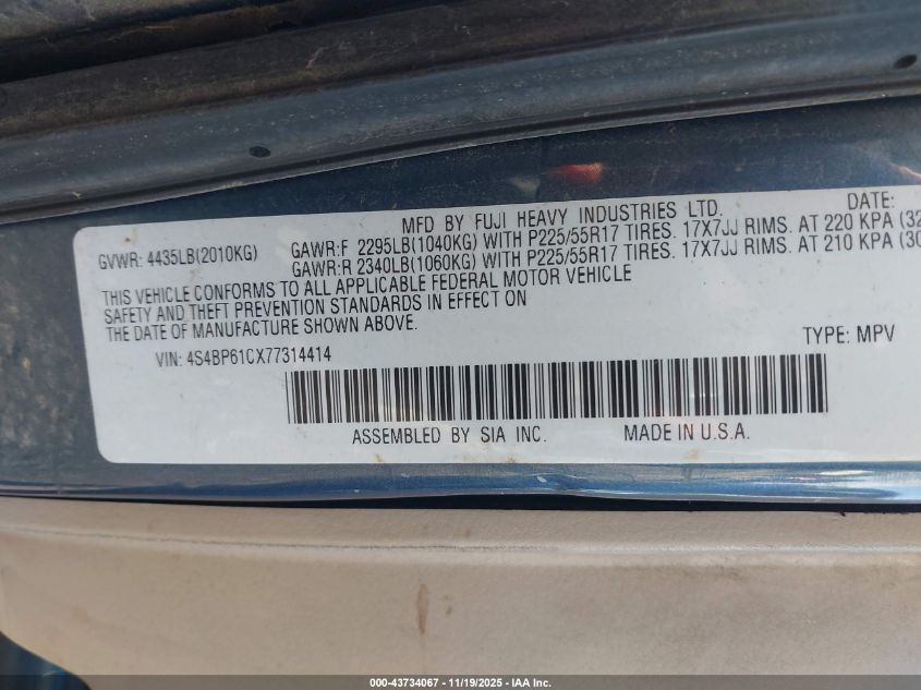 2007 Subaru Outback 2.5I VIN: 4S4BP61CX77314414 Lot: 43734067