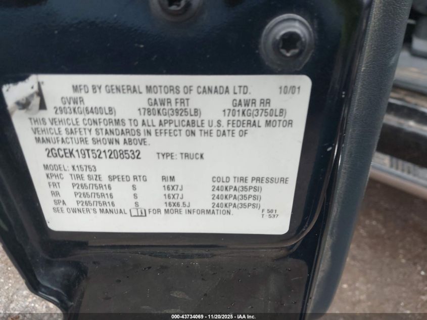2002 Chevrolet Silverado 1500 Ls VIN: 2GCEK19T521208532 Lot: 43734069