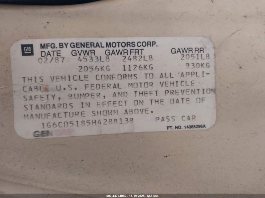 1987 Cadillac Deville VIN: 1G6CD5185H4288138 Lot: 43734080