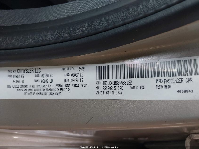 2009 Dodge Avenger Se/Sxt VIN: 1B3LC46B69N566122 Lot: 43734095