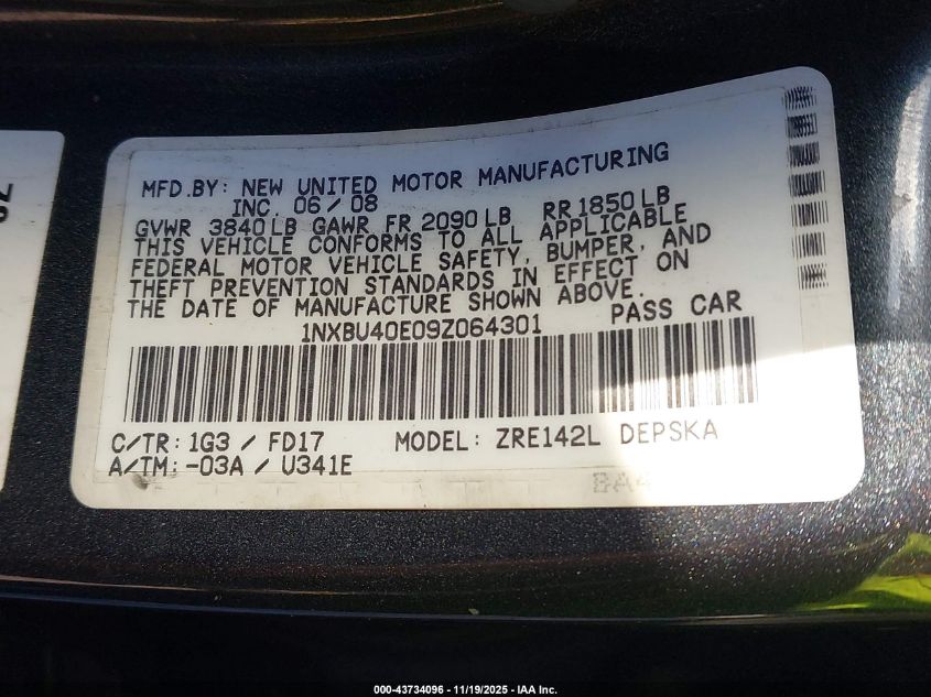 2009 Toyota Corolla S VIN: 1NXBU40E09Z064301 Lot: 43734096