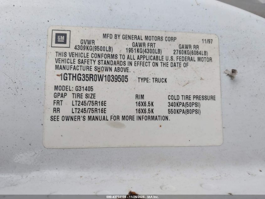 1998 GMC Savana Standard VIN: 1GTHG35R0W1039505 Lot: 43734108